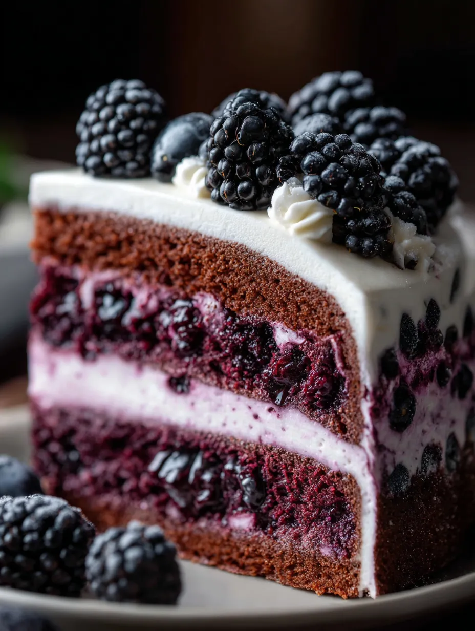 Una rebanada de pastel de chocolate con moras encima.