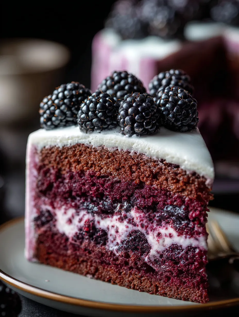 Una rebanada de pastel de chocolate con moras encima.