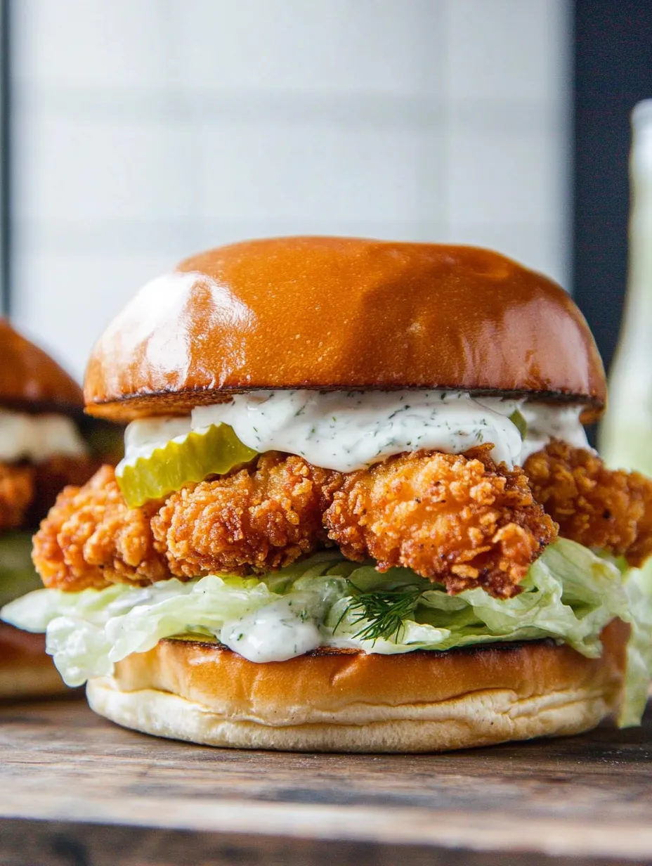 Cerca de una hamburguesa con lechuga, pepinillos y mayonesa.