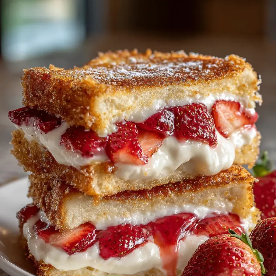 Una torre de sandwiches con fresas arriba.