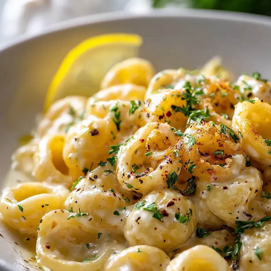 Un bol de pasta con una rodaja de limón encima.