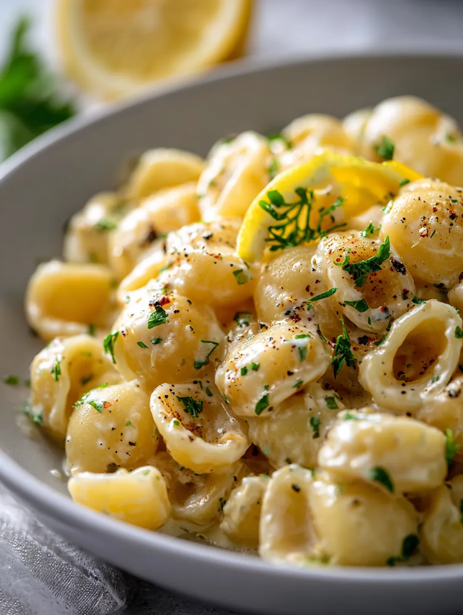 Un bol de pasta con limón y hierbas frescas.