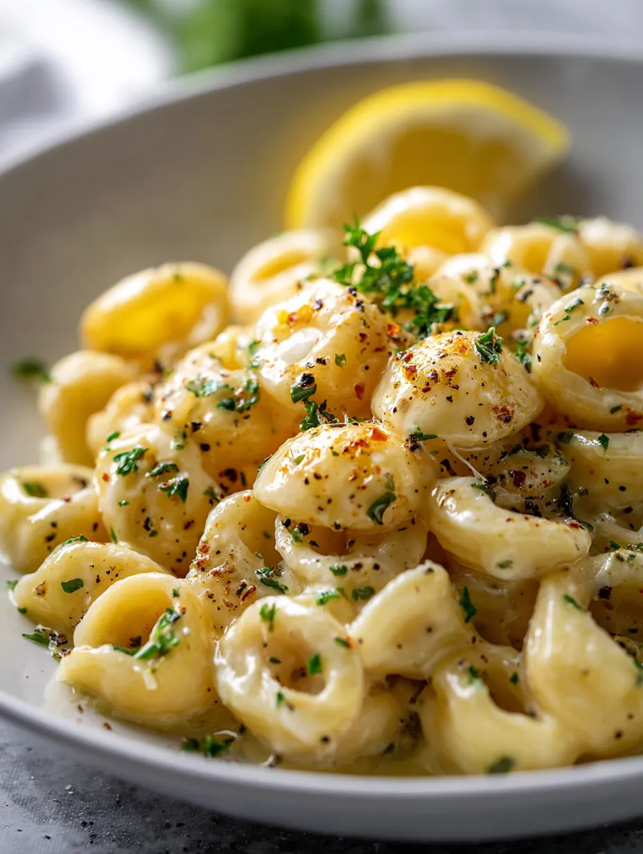 Un plato de pasta con una rodaja de limón arriba.