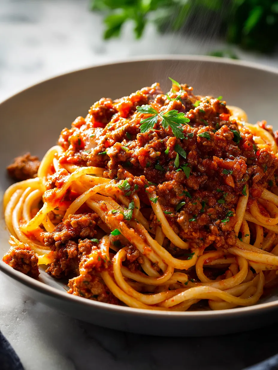 Un plato de espagueti con salsa de carne.