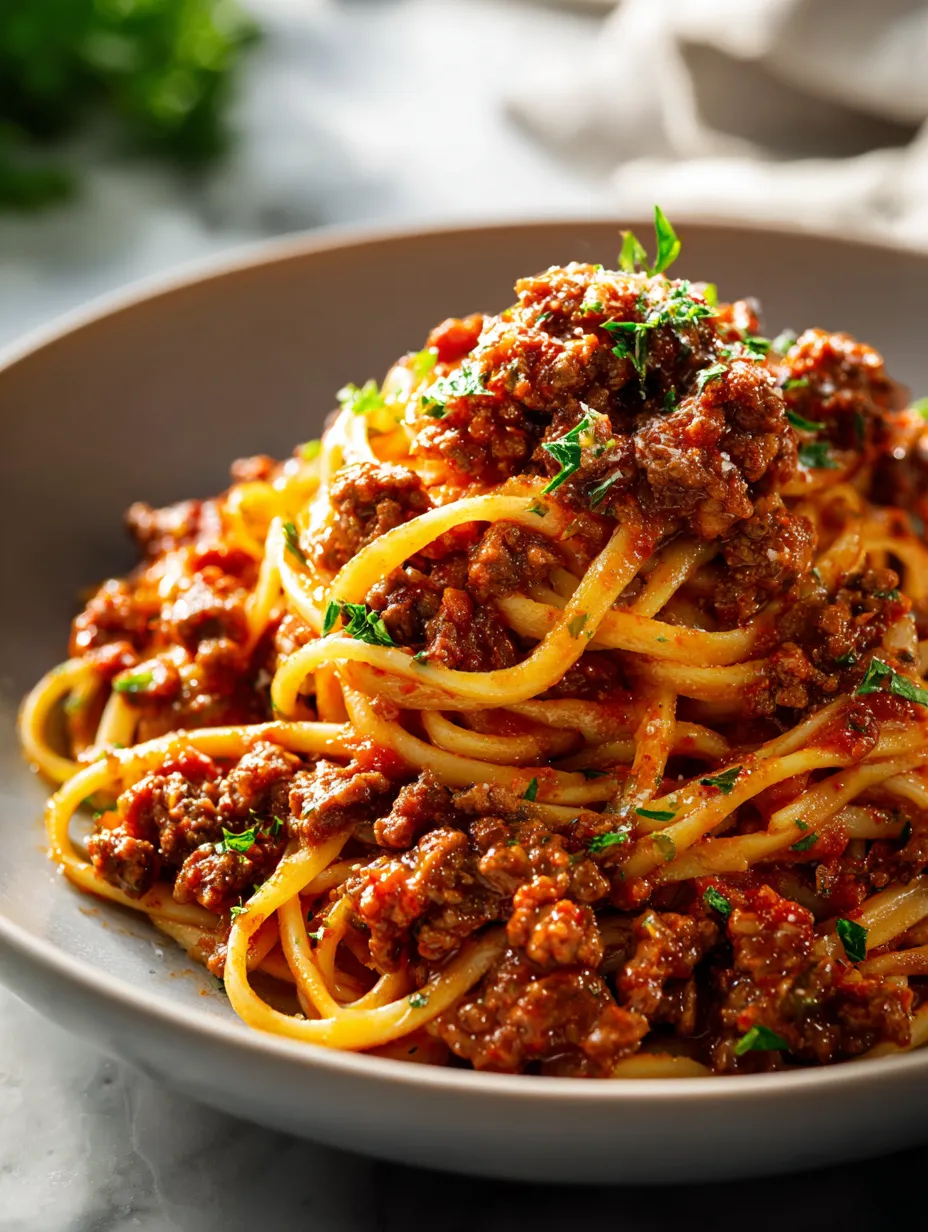 Un plato de espagueti con salsa de carne.