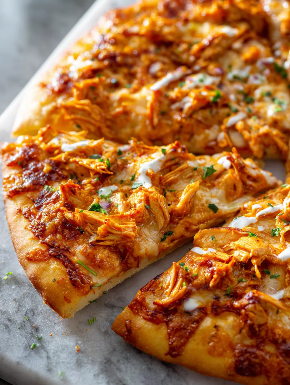 Una porción de pizza con pollo y queso por encima.