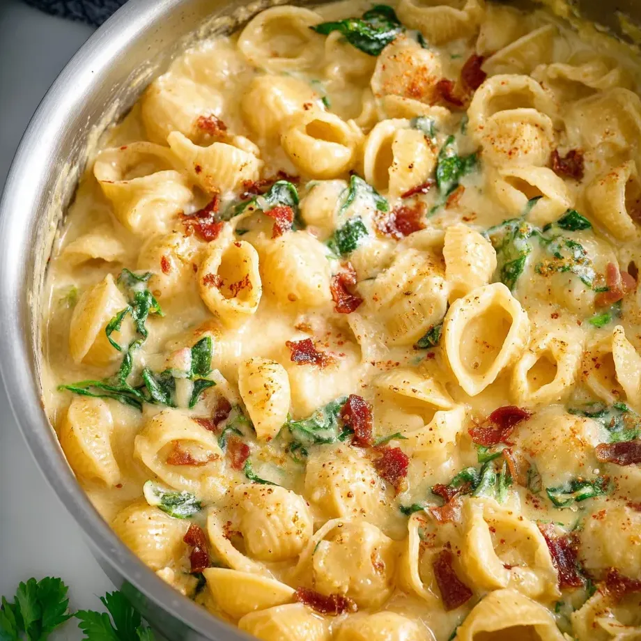Un plato de pasta con queso y bacon.