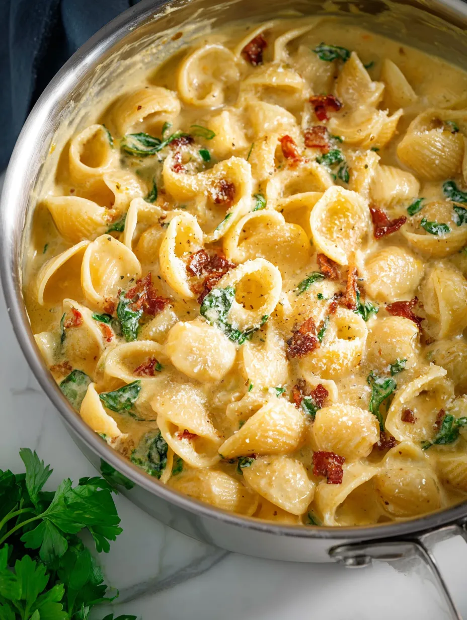 Un bowl de pasta con panceta y queso.