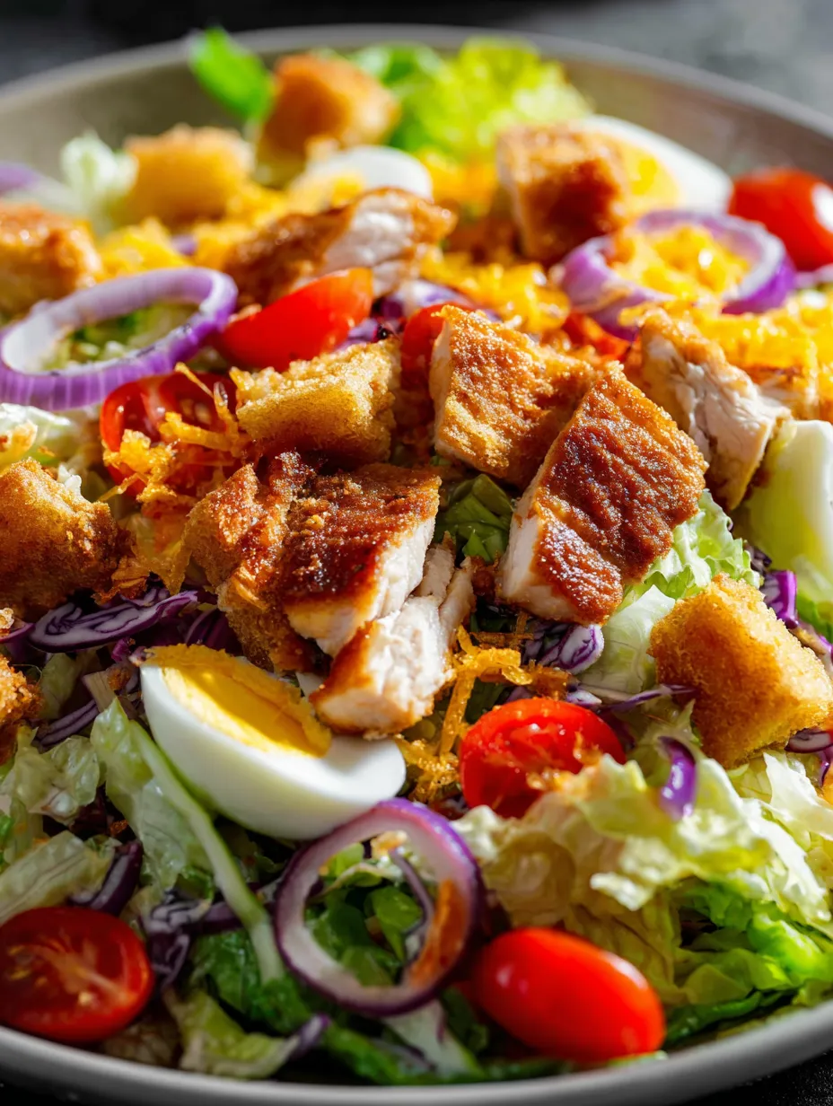 Una ensalada con pollo, jitomate, lechuga y huevo.