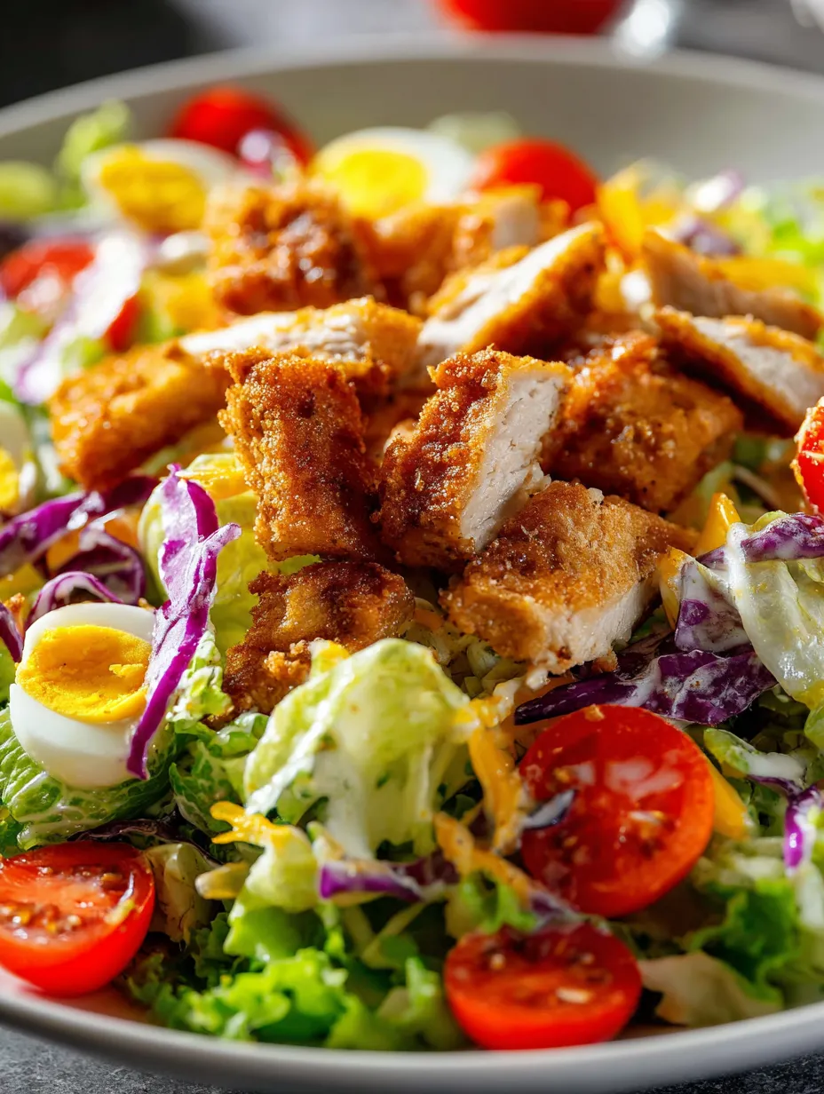 Una ensalada con pollo, jitomate, lechuga y huevo.