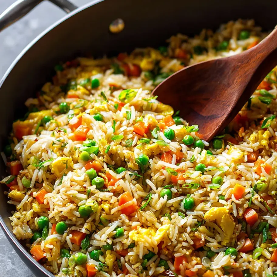 Una cuchara de madera en una sartén con arroz y verduras.