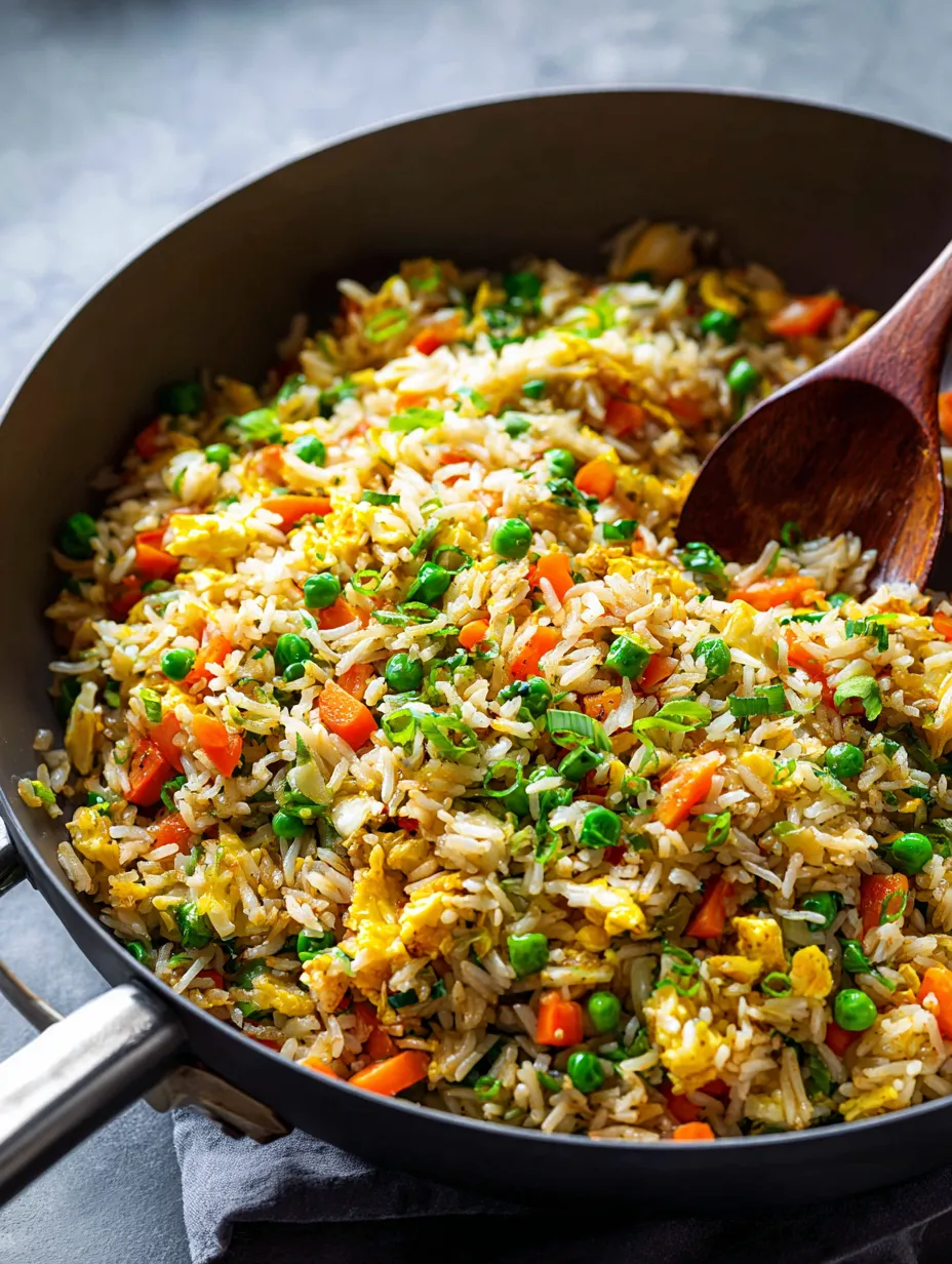 Sartén con arroz con chícharos y zanahorias.