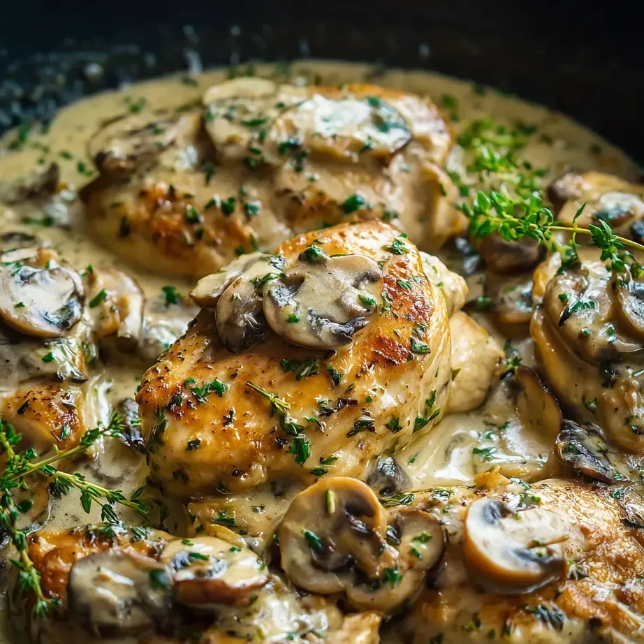 Pollo con champiñones y hierbas.