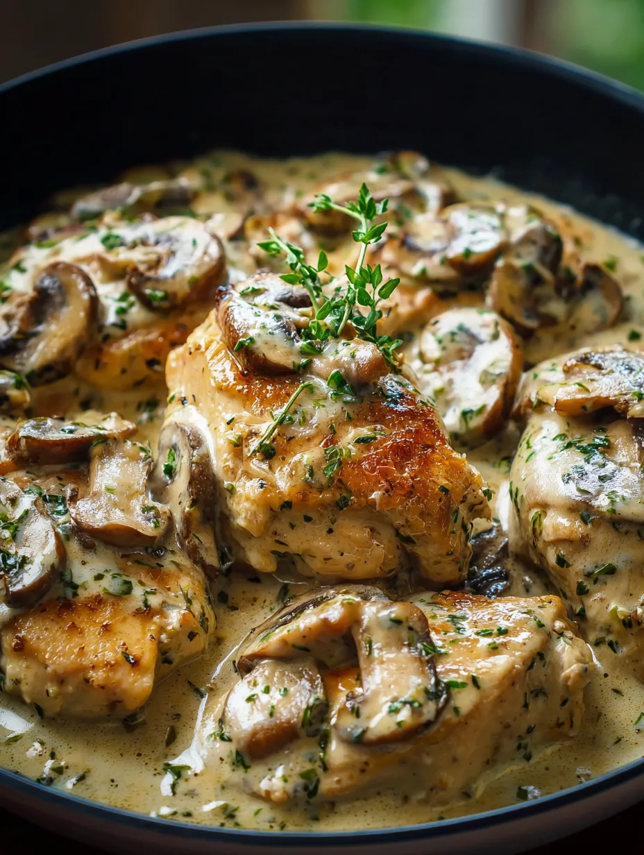 Pollo con champiñones y hierbas.