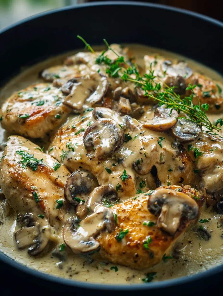 Pollo con champiñones y hierbas.