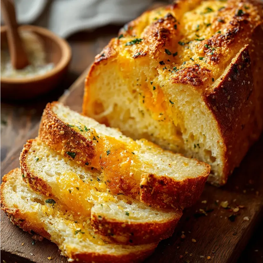 Rebanada de pan con queso y hierbas por encima.