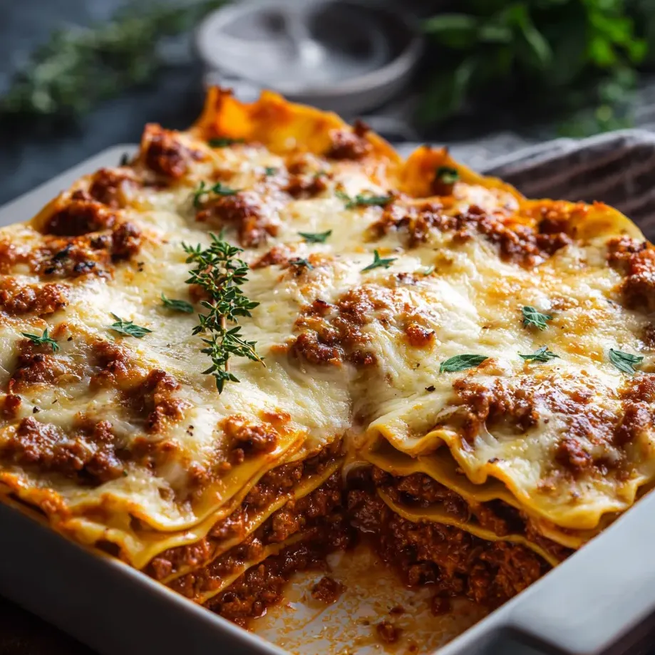 Un plato de lasaña con queso derretido y carne.