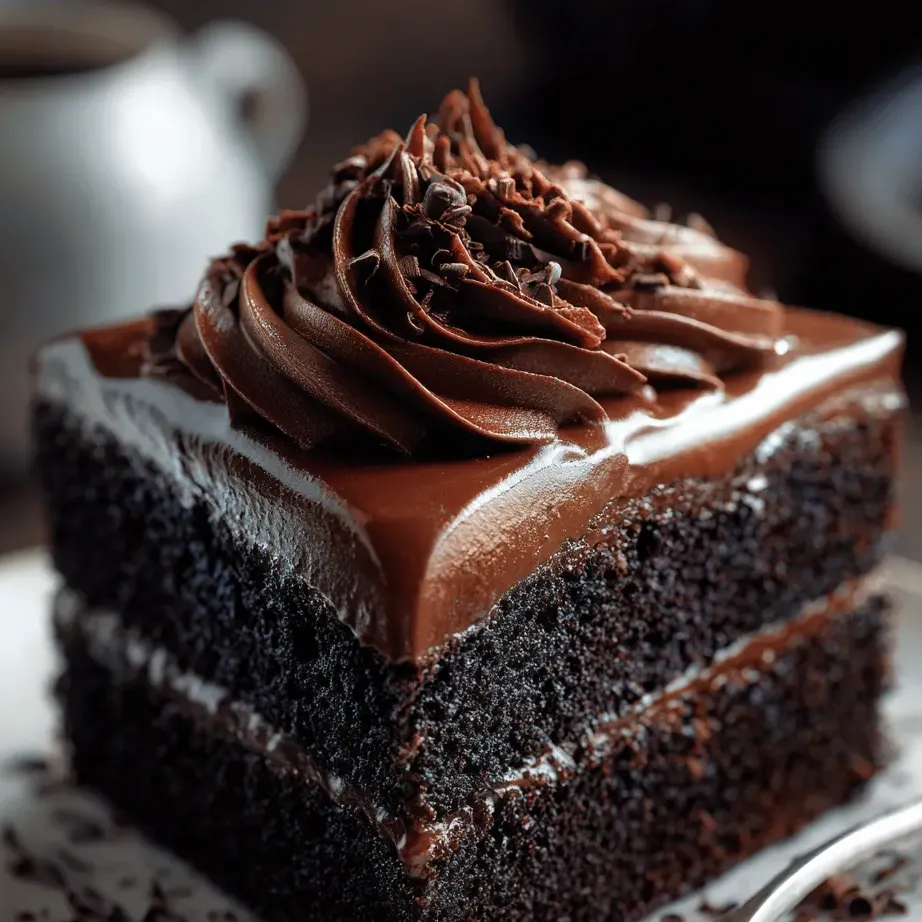 Porción de pastel de chocolate con cobertura de chocolate.