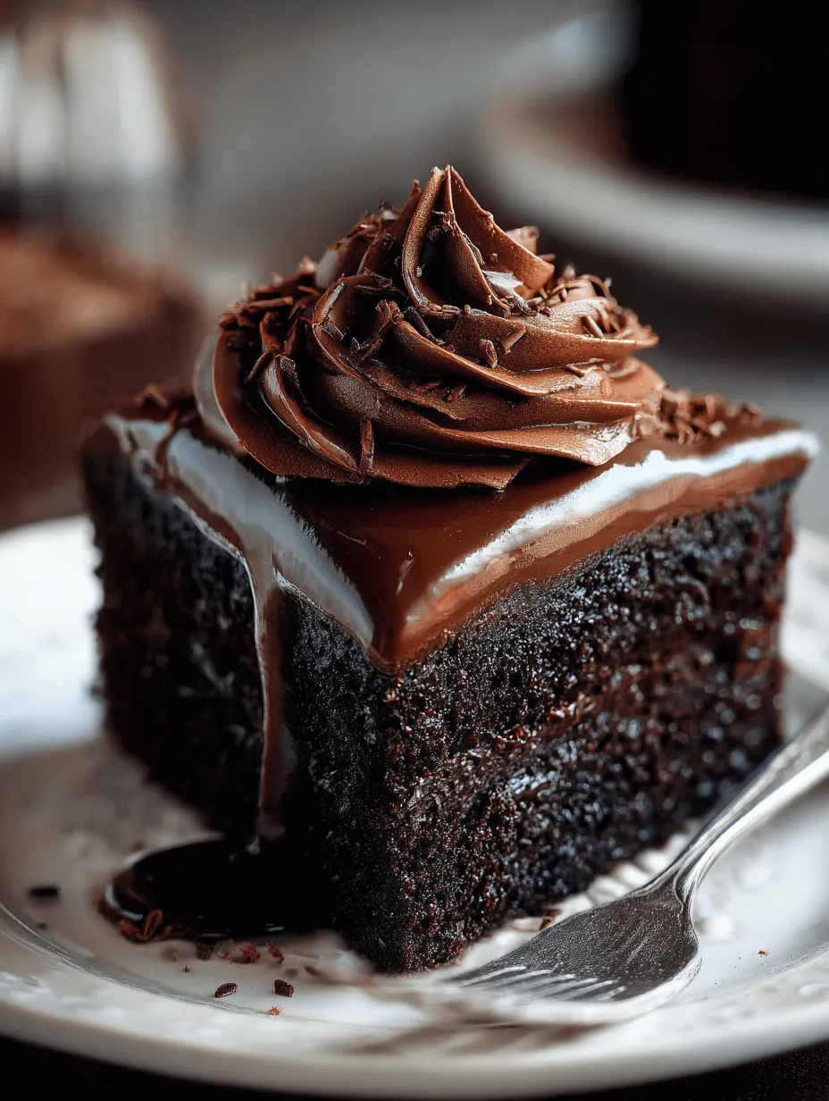 Un pedazo de pastel de chocolate con cobertura de chocolate.