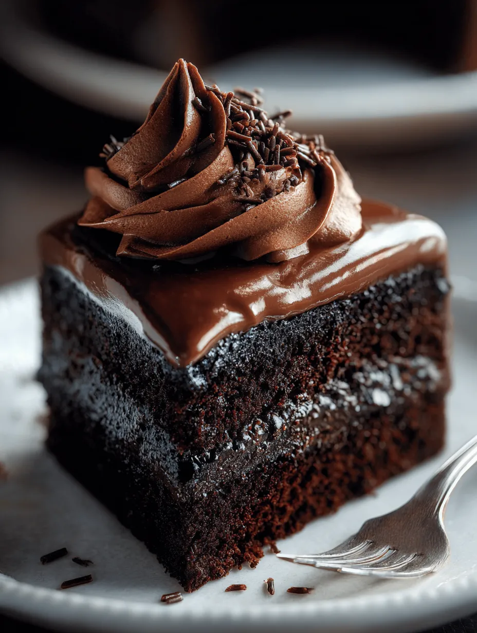 Un pedazo de pastel de chocolate con cobertura y chispas de chocolate encima.
