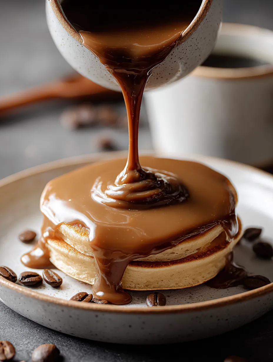 Sirope de chocolate cayendo de una cuchara sobre un pancake.