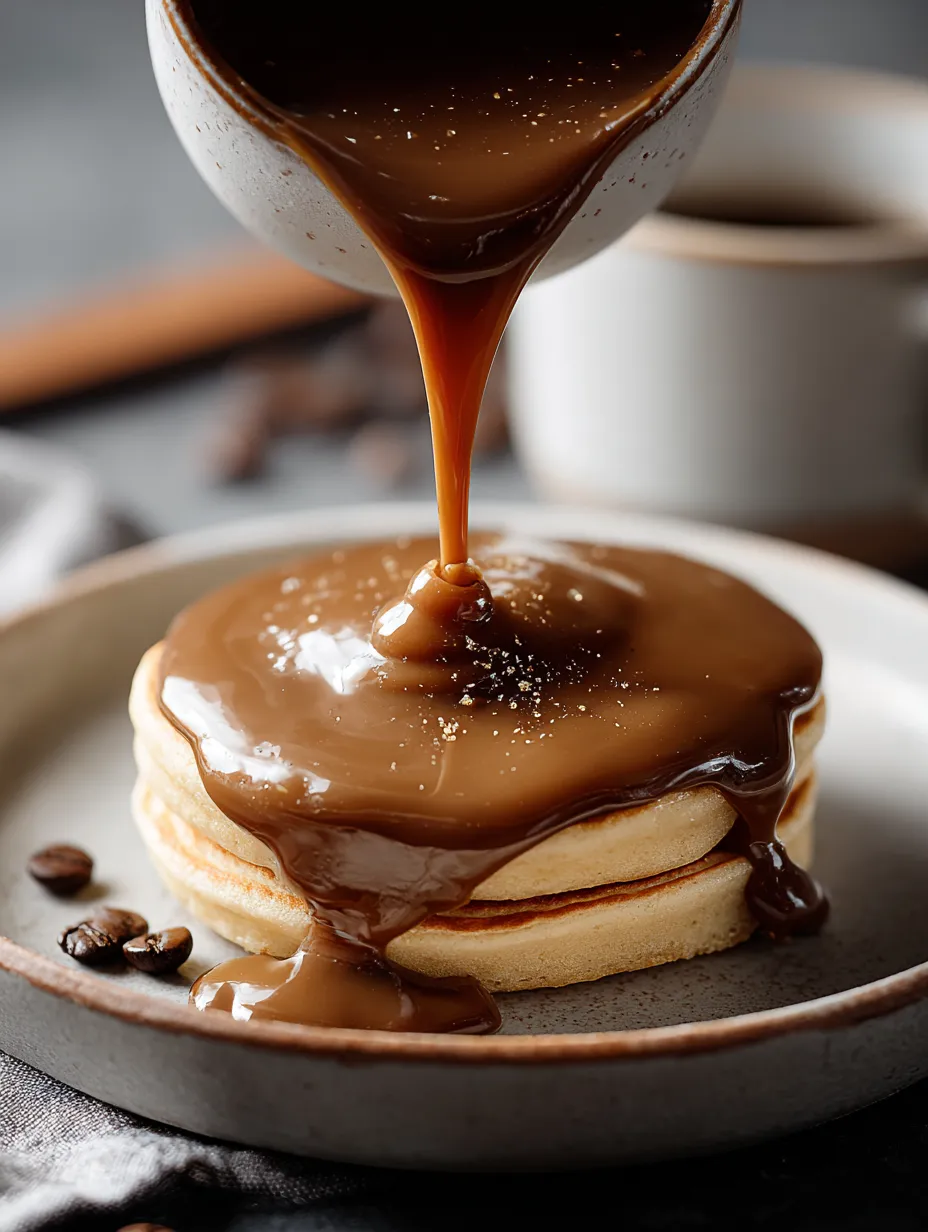 Un jarabe de chocolate cae sobre un pancake.