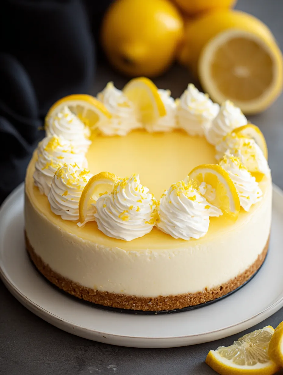 Una rebanada de cheesecake de limón con gajos de limón encima.