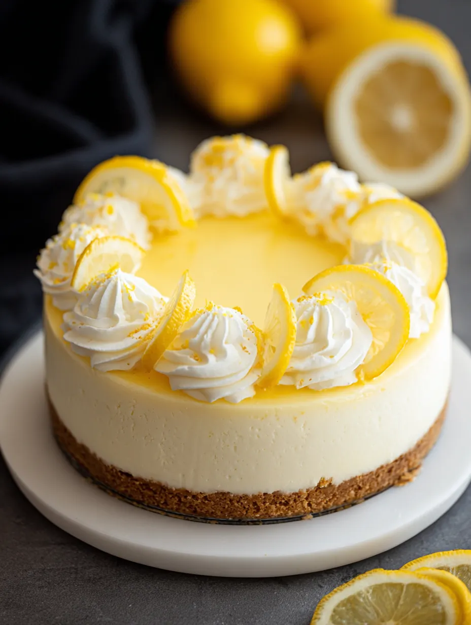 Una rebanada de cheesecake de limón con crema batida blanca.