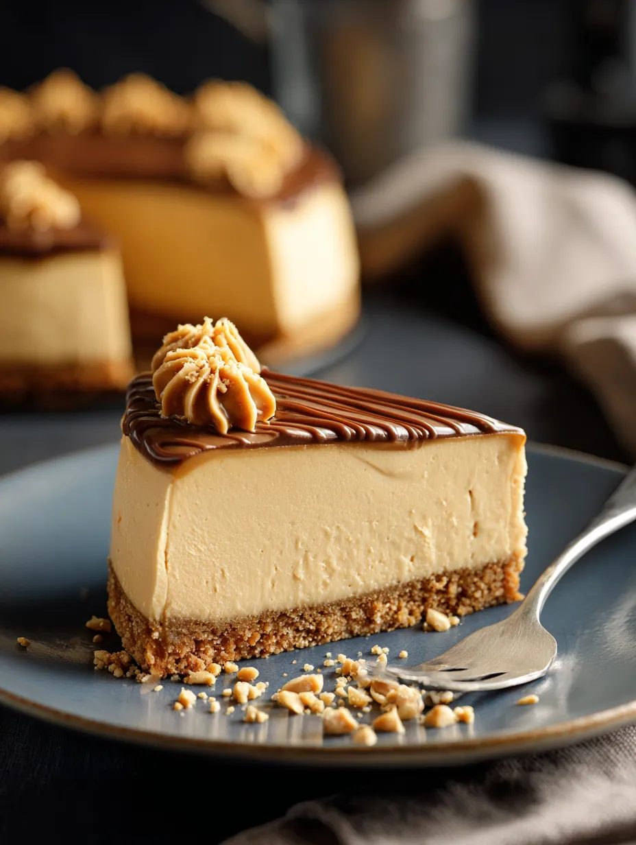 Una rebanada de cheesecake con salsa de caramelo.