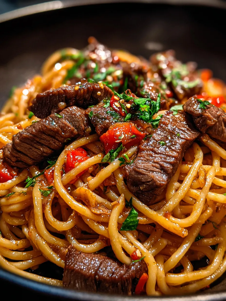 Un plato de pasta con carne y vegetales.