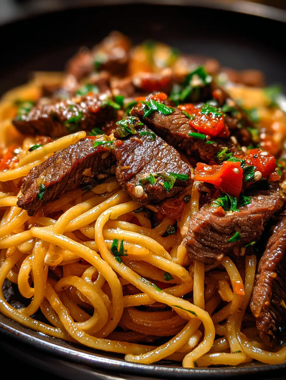 Un plato de pasta con carne y vegetales.