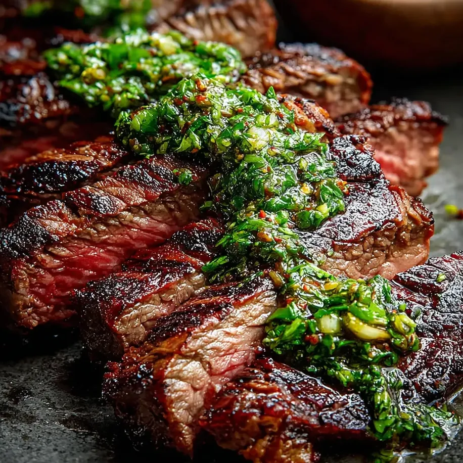 Un trozo de carne cubierto con salsa verde.