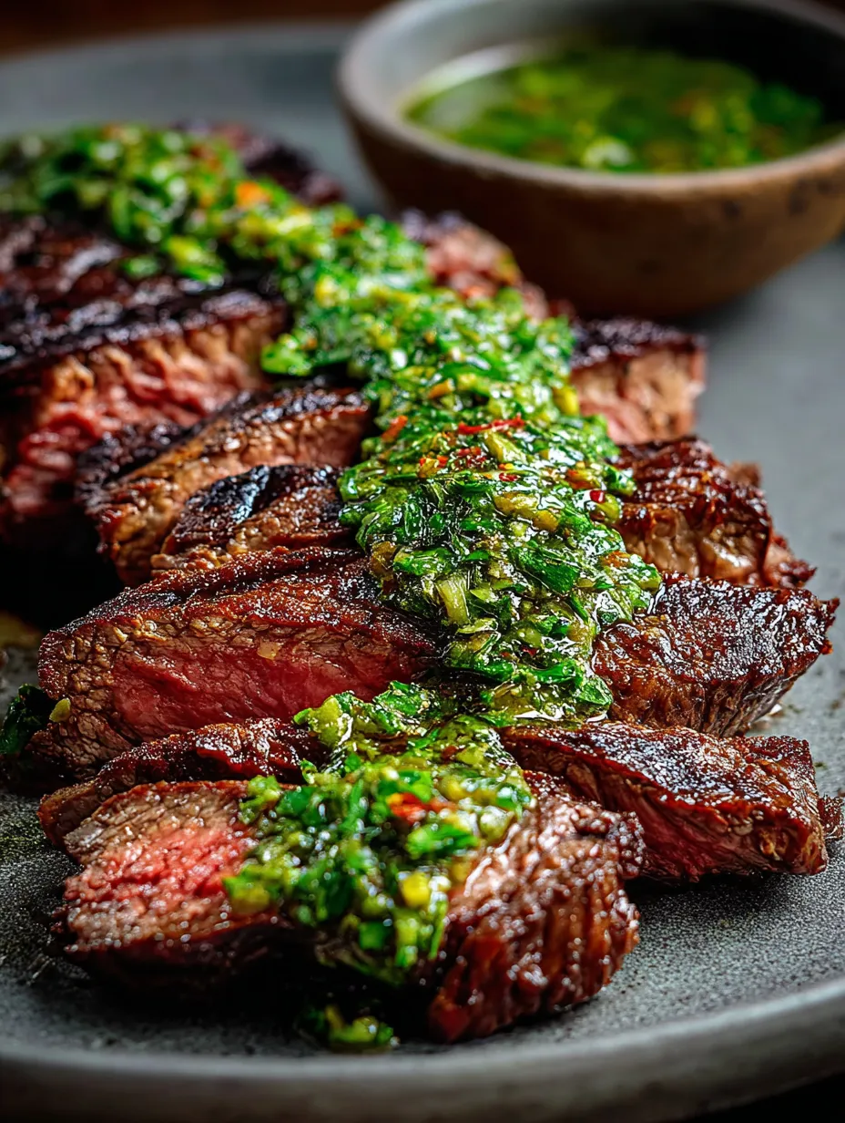 Un trozo de carne bañado en salsa verde visto de cerca.