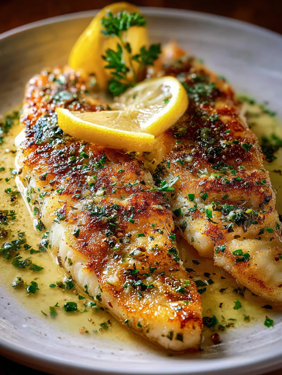 Un plato de pescado con limón y hierbas.
