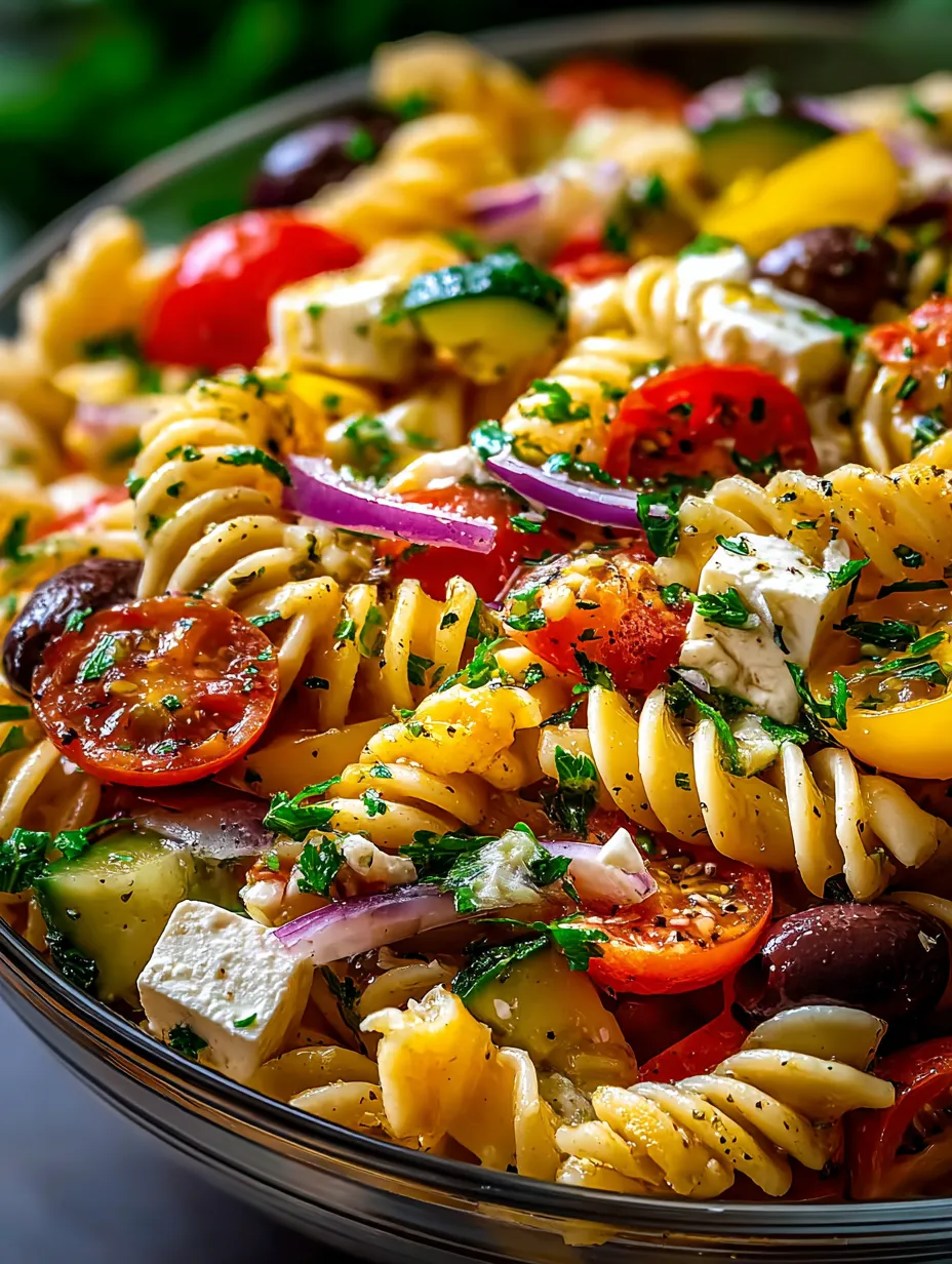Un bol de pasta con tomates, pepinos y queso.