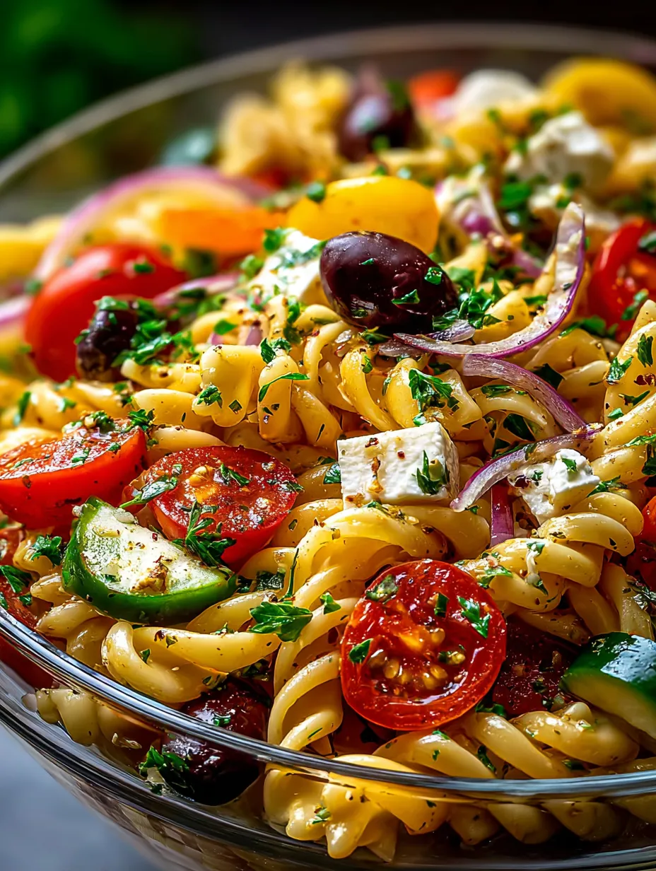 Un bol de pasta con tomates, aceitunas y queso.