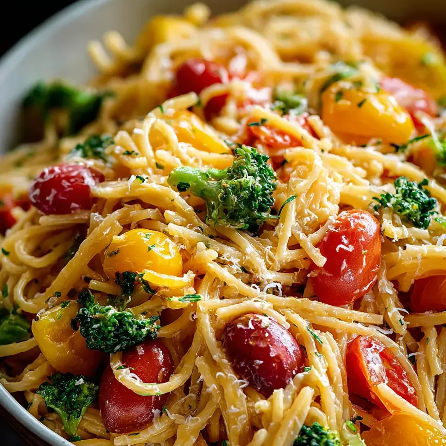 Un plato de pasta con tomates y brócoli.