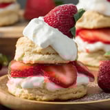 Una torre de bizcochos con fresas y crema batida.