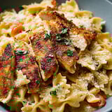 Un plato de pasta con pollo y queso.