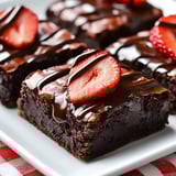 Un plato de brownies de chocolate cubiertos con fresas.