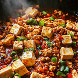 Un plato de Mapo Tofu con cebollino verde.