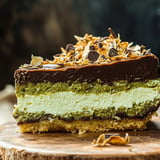 Una porción de tarta de queso con chocolate cubierta de frutos secos.