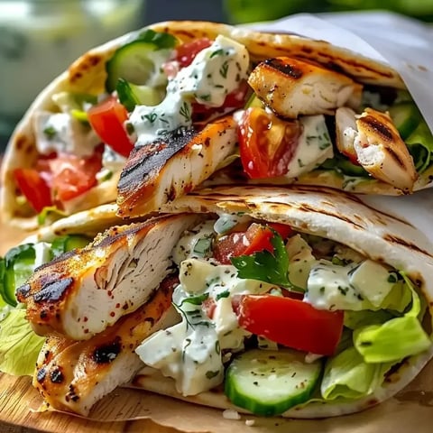 Un sándwich gyro con pollo y tomates.