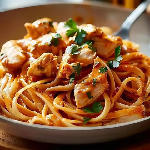 A plate of chicken and pasta.