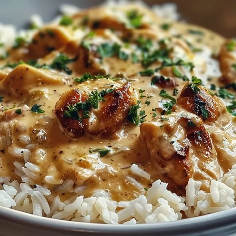 Un plato de arroz y pollo cubierto con salsa cremosa.