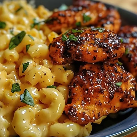 Un plato con macarrones con queso y pollo.