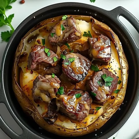 Una papa al horno cargada con trozos de bistec.