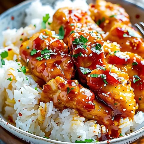 Un plato de arroz con pollo y salsa.