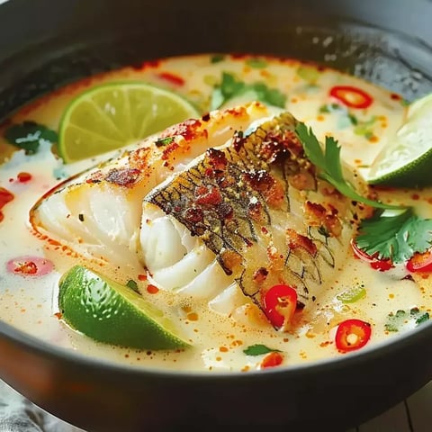 Un tazón de sopa con pescado y lima.