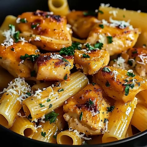 Un plato de pollo con mantequilla de ajo, rigatoni y parmesano.